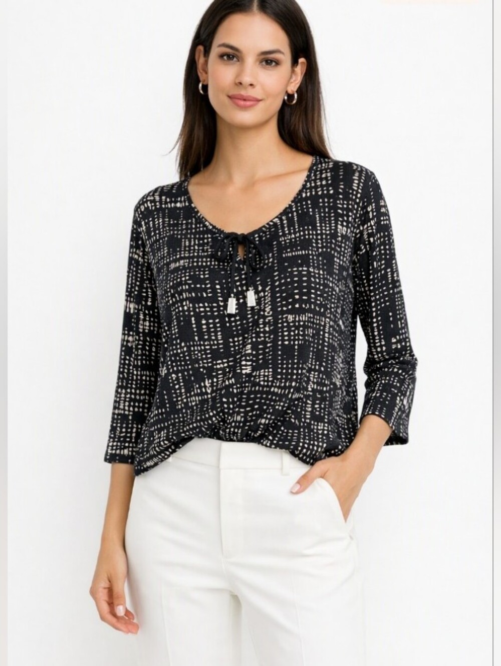 Liz Claiborne Black & White Abstract Print Tie-Front Blouse XL